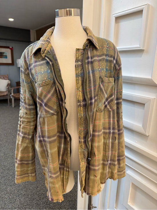 Free People Tops - Free People Olive Plaid Distressed Zip-Up Jacket